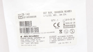MicroAire ZB-142 SST BUR, Swanson Reamer 4 FLutes Medium. 2mm Dia (x)